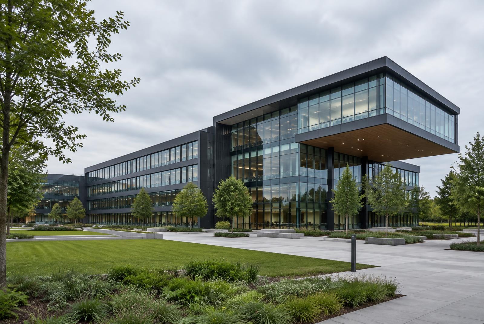 Contemporary corporate headquarters with a landscaped executive campus