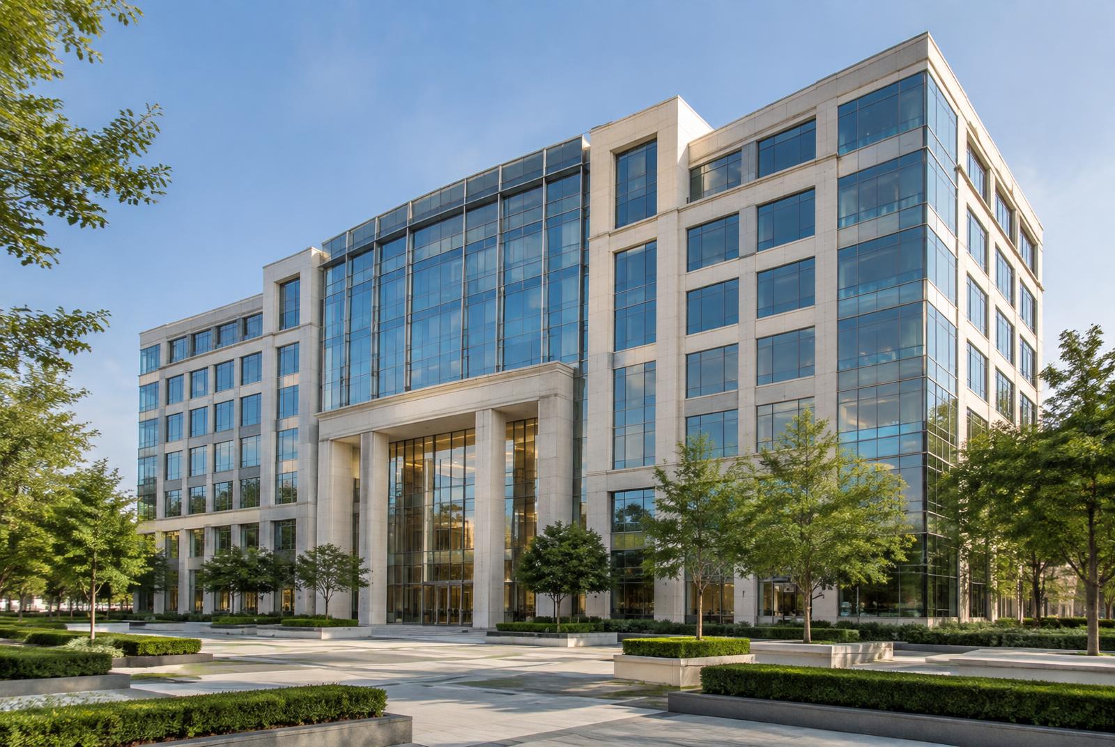 Prestigious corporate office headquarters with a landscaped executive entrance